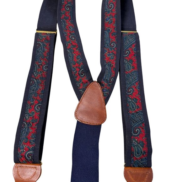 Ermenegildo Zegna Mens Paisley Suspenders Leather Adjustable Navy Red Italy - Picture 4 of 5